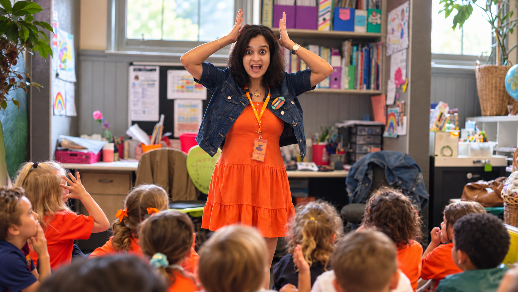 Storyteller Rohini Vij telling a story in a classroom at a school.