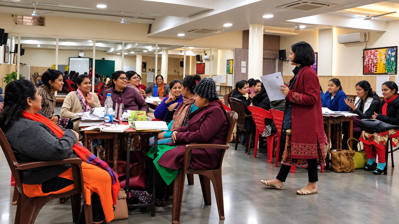 Rohini Vij leading a professional development workshop with educators discussing learning materials around tables