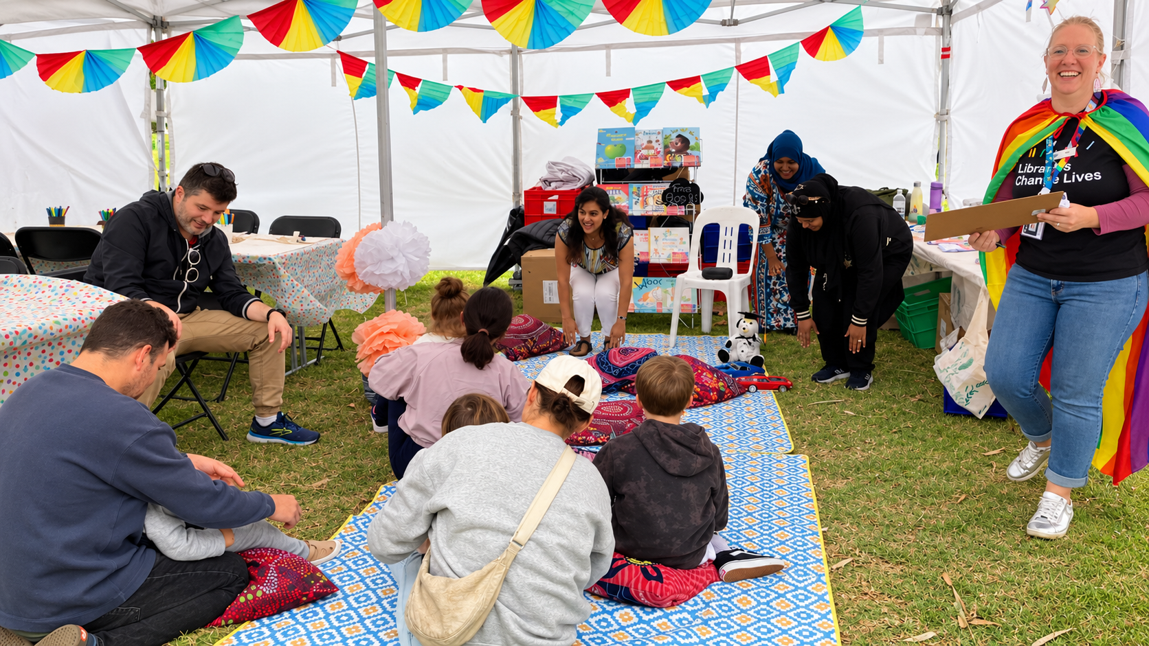 Rohini Vij leading multicultural storytime with children and families at St Kilda Festival