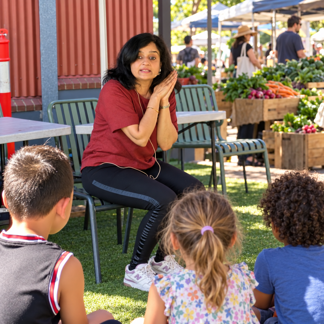 Rohini Vij using expressive gestures during multicultural storytime for children at a farmers’ market