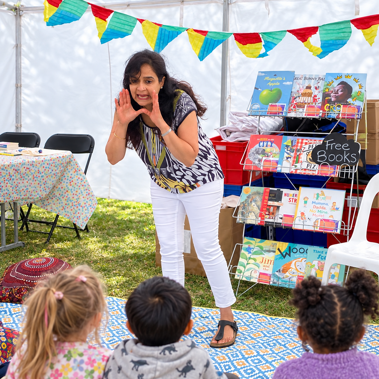 Rohini Vij telling a story to children beneath colourful bunting at St Kilda Festival, beside a display of picture books