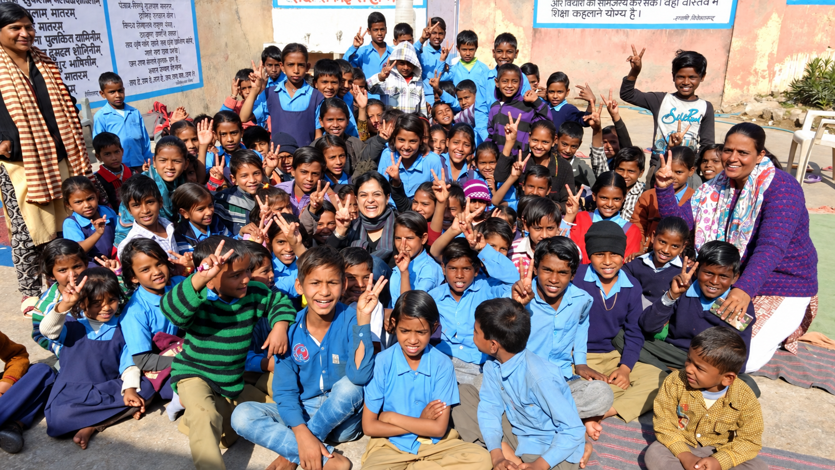 Sunlit school group portrait Storyteller Rohii Vij conducting sessions in government school in India